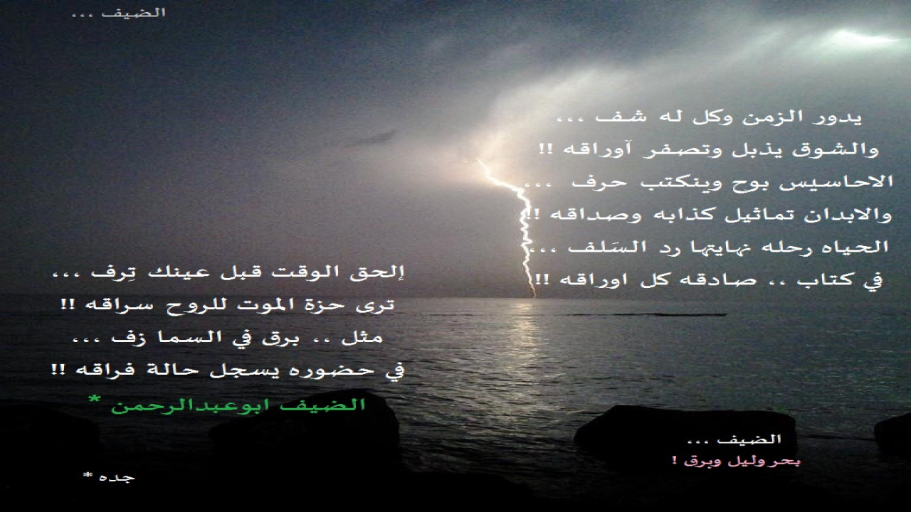 يدور الزمن وكل له شفوالشوق يذبل وتِصفر أوراقه !الأحاسيس بوح وينكتب حرفوالأبدان كذابه وصَدّاقه !الحياه رحلة نهايتها رد السلففي كتاب ،، صادقه كل أوراقه !!إلحق الوقت قبل عينك تِرفترى حزة الموت للروح سراقه !!مثل ،، برق في السما زففي حضوره يسجل حالة فراقه !!الضيف ،،،🌹ابوعبدالرحمن،،، 🌹