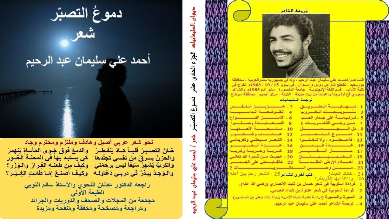 ديوان: دموع التصبر! (باقة من الشعر الحاض على الصبر والتصبر في الأزمات التي نمر بها في حياتنا! ونحب أن نقول بأن هذا العنوان مقتبس من عنوان قصيدة فيه تتحدث عن ولدنا (عمر الفاروق) يوم أصيب في ذراعه ، وعانى وعانينا معه حتى شفاه الله وعافاه. والأصل أن الحِلم بالتحلم ، والعلم بالتعلم ، والصبر بالتصبّر! هذا بالإضافة إلى باقة عطرة أقدمها للقراء الأعزاء بعد أن نقحتها وحبرتها واجتهدتُ في إخراجها على ذلك النحو الذي أرجو الله أن يثيبنا عليه! ذلك أنه لا يعلم مدى معاناتي في الكتابة والتحقيق والتنقيح والتدقيق إلا الله عز وجل! جعلنا الله وإياكم أيها القراء الأجلاء من الذين ينتفعون بقراءتهم! فما إن يجدوا فيها من خير إلا عملوا به احتساباً للأجر عند الله! وما إن يجدوا فيها من المعاصر والشرور والآثام إلا اجتنبوها فوراً أيضاً احتساباً للأجر عند الله تعالى. والله الموفق وهو عز وجل يقول الحق وهو يهدي السبيل!)